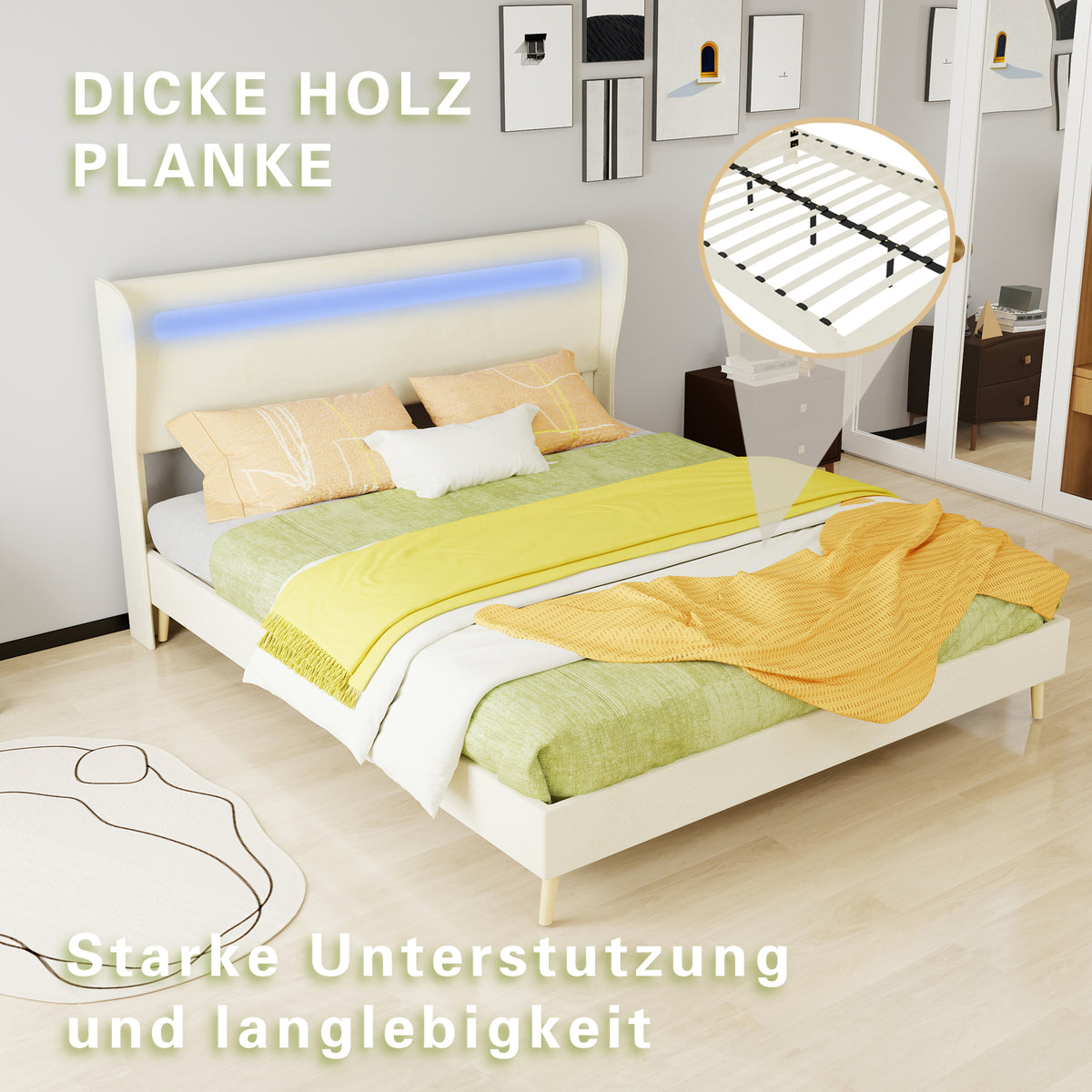 Modern Upholstered Bed with LED Headboard & Mattress, 160x200cm, Beige
