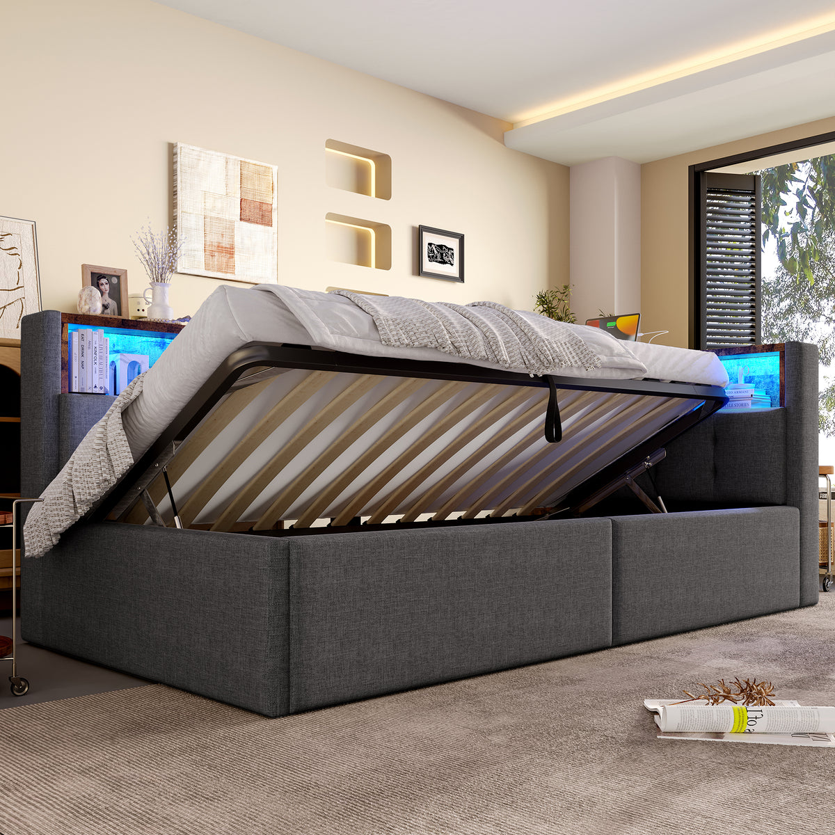 Daybed Sofa Bed 90x200cm with Storage & LED, Grey Linen