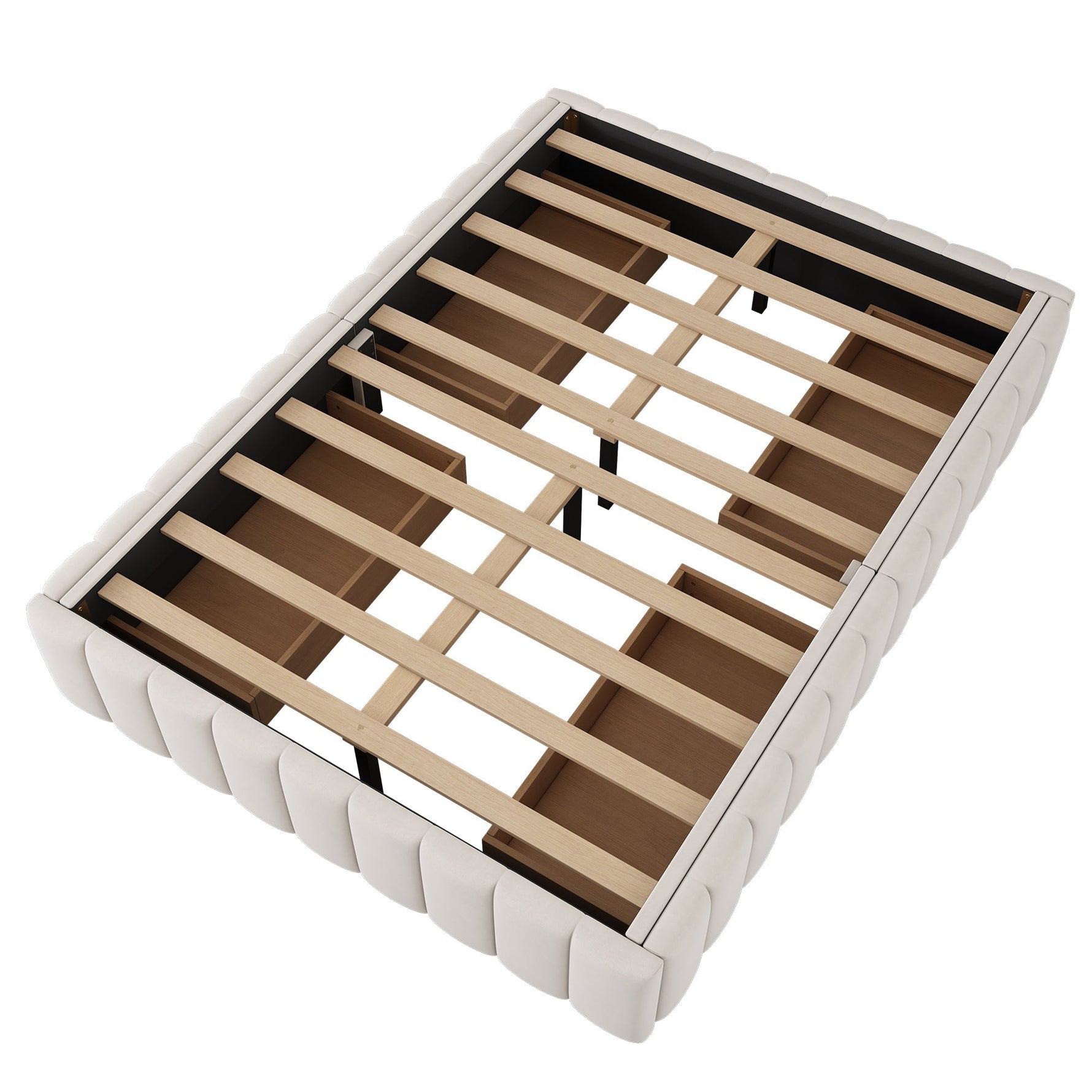 Upholstered Bed 140x200cm with Slatted Base and 4 Storage Drawers, Beige Velvet