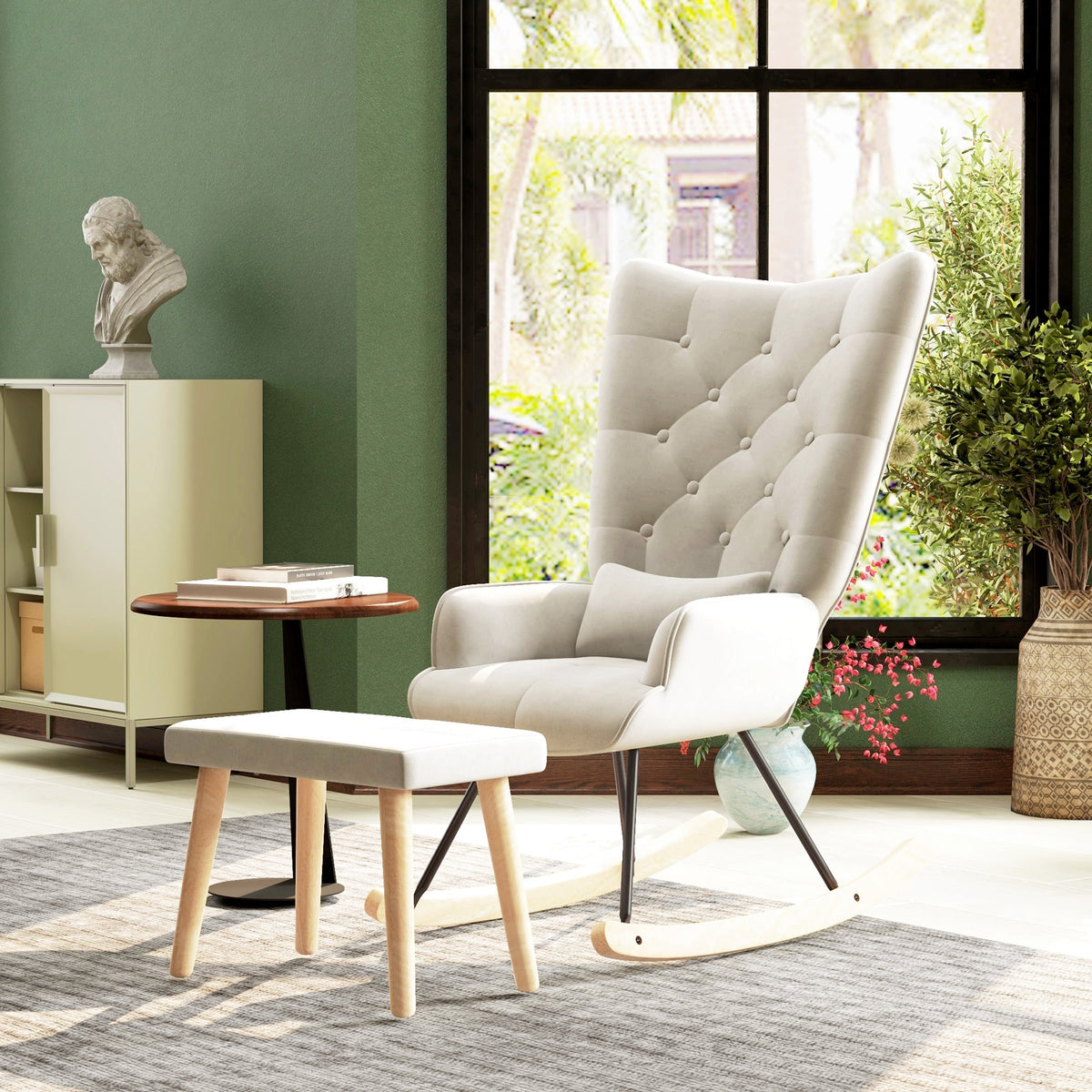 Rocking Chair with Stool, Cushion, Wingback, Cream White Velvet