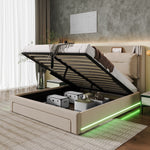 LED upholstered bed, 140 × 190 cm, hydraulic bed, 2-in-1 storage drawers at the foot of the bed, built-in LED light strips on both sides of the bed, slatted base, mattress not included, velvet, grey.
