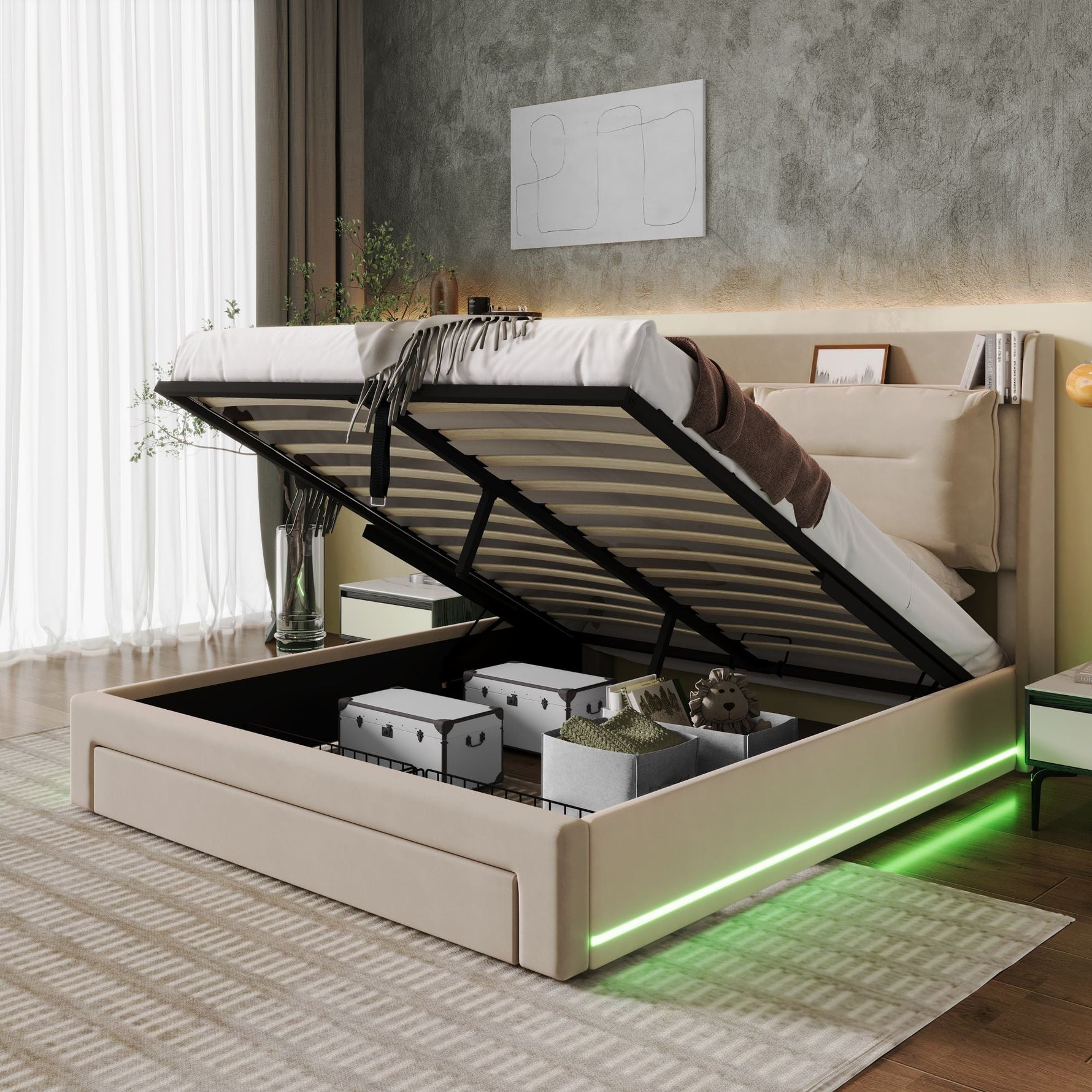 LED upholstered bed, 140 × 190 cm, hydraulic bed, 2-in-1 storage drawers at the foot of the bed, built-in LED light strips on both sides of the bed, slatted base, mattress not included, velvet, grey.