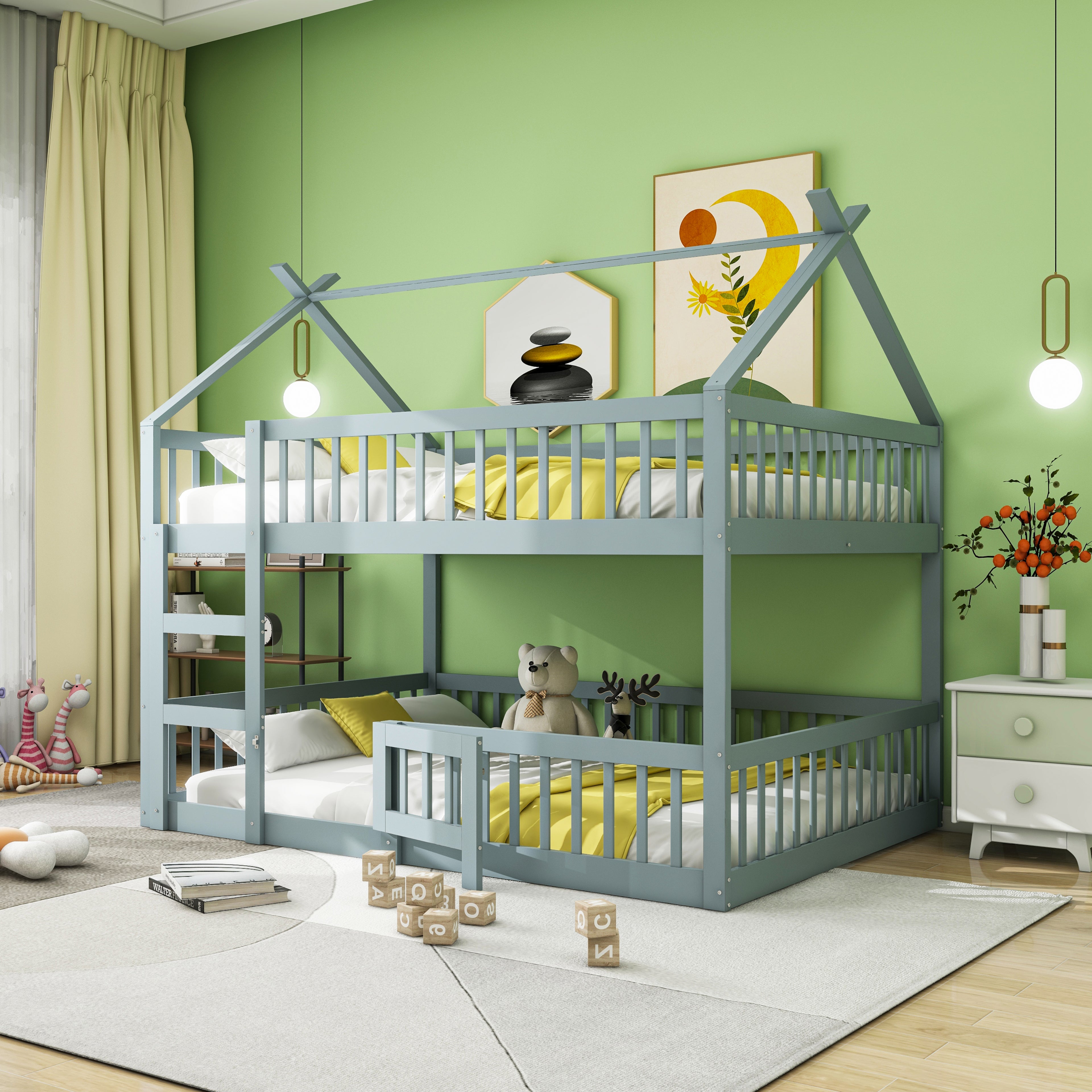 Bunk Bed, 140x200cm Family Bed with Stairs, Solid Wood, Grey