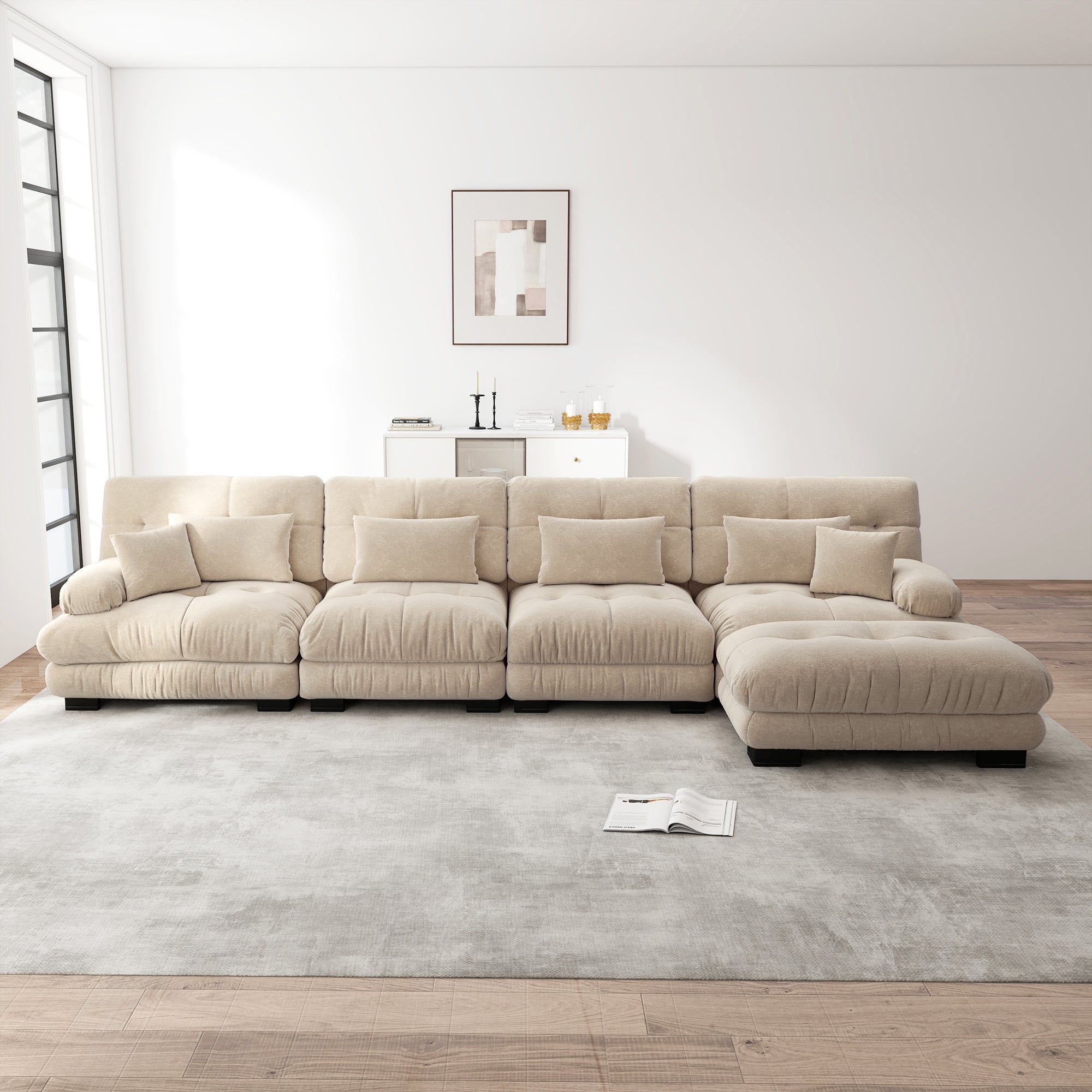 Modular Corner Sofa L-Shaped 4-Seater Cloud Couch Movable Ottoman DIY Combination, Chenille Light Brown