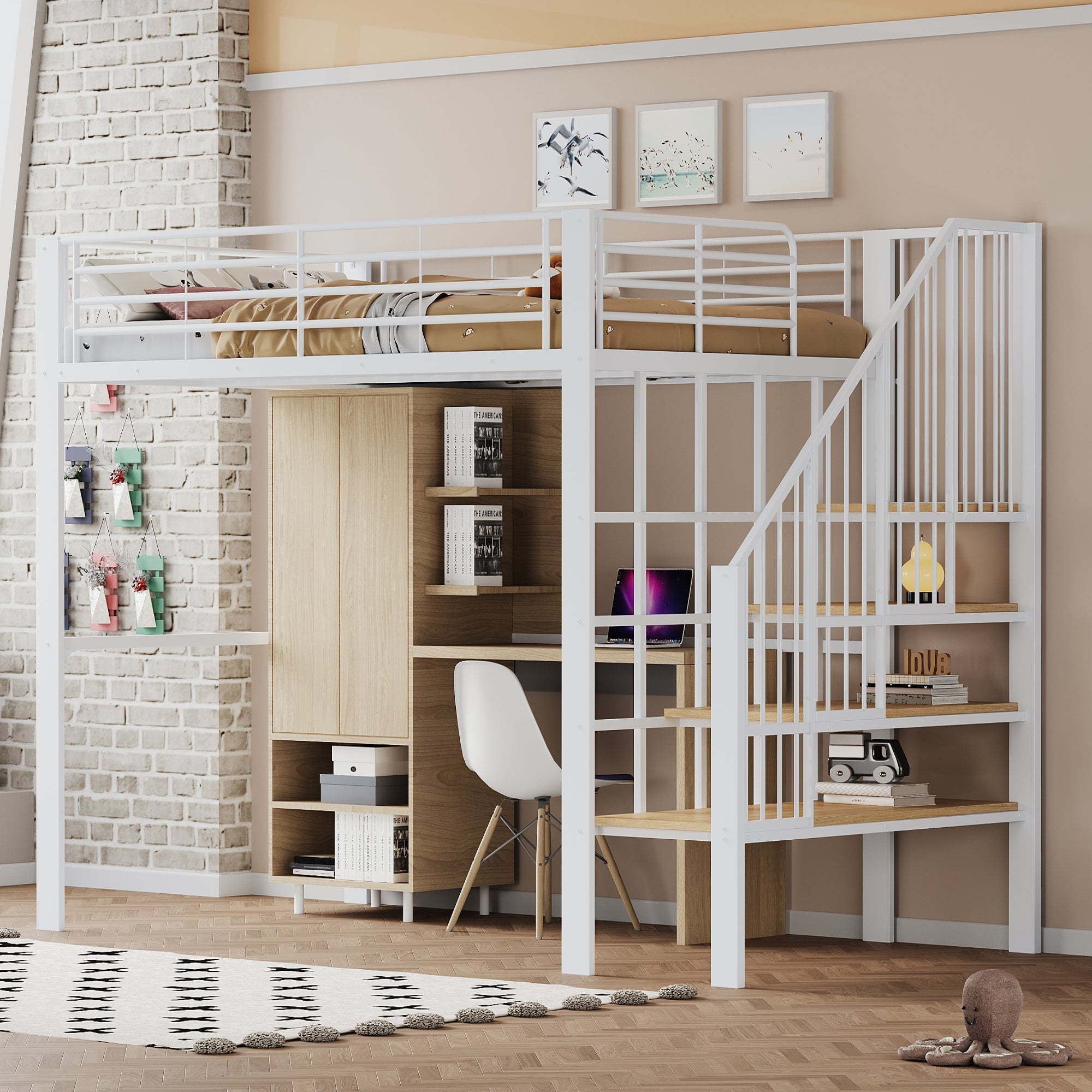 Loft Bed 140x200 Metal Construction, Storage Space, Stairs