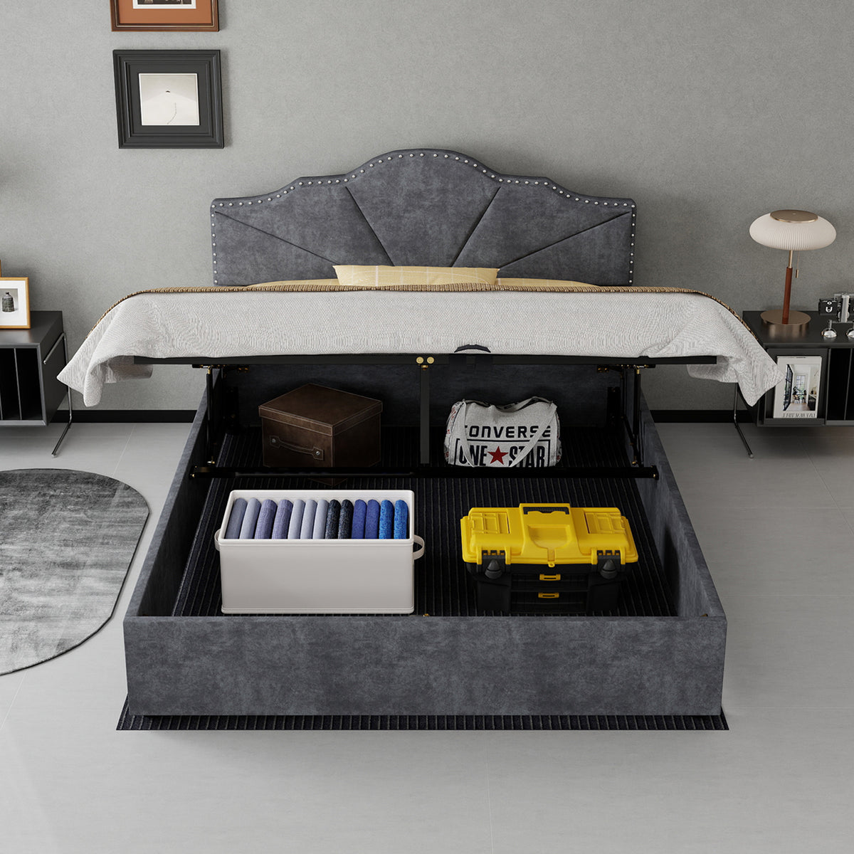 Modern Soft Bed 140x200cm with Mattress & Storage - Gray