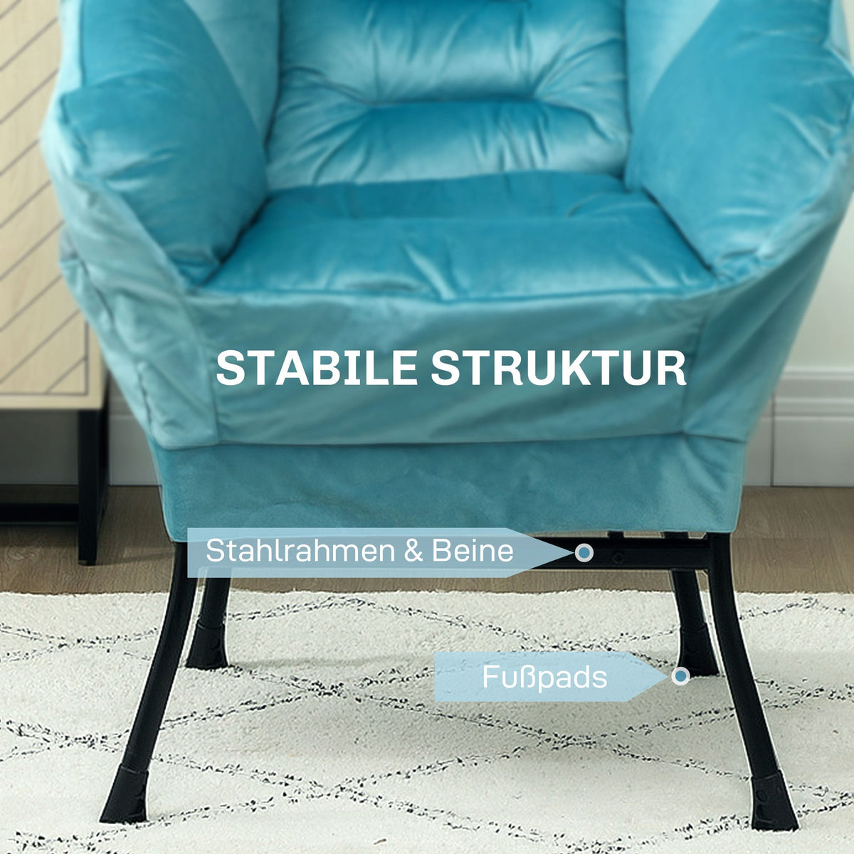 Armchair Lounge Chair, Side Pocket, Steel Legs, Blue