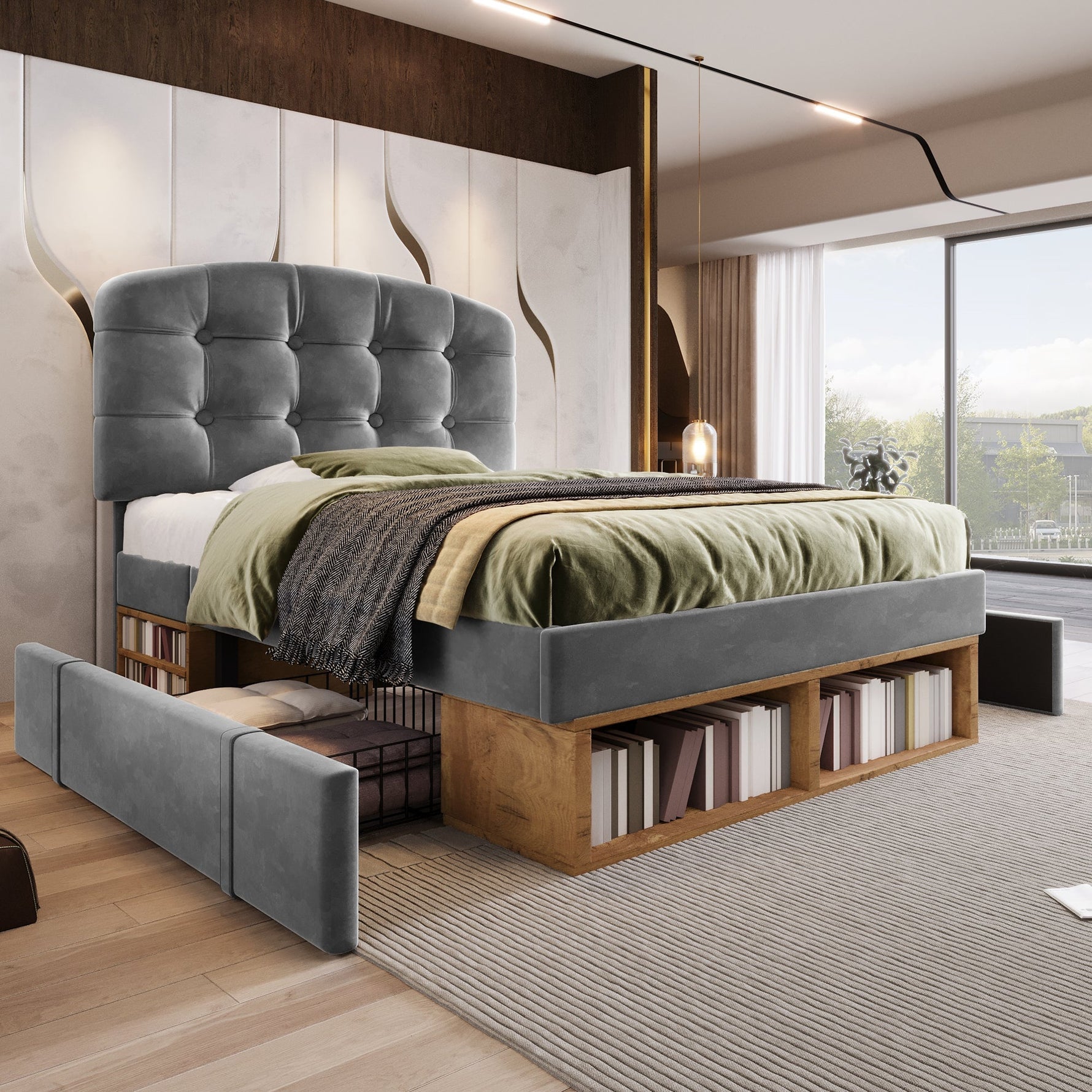 Upholstered Single Bed with Adjustable Headboard, Drawers and Storage, 90x200cm, Grey Velvet