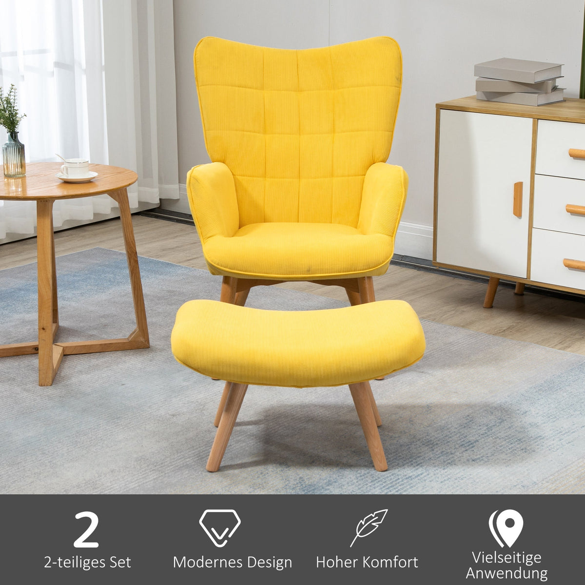 Relaxing Armchair Wing Chair with Footstool Wooden Legs, Corduroy Yellow
