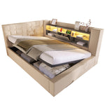 Upholstered Double Bed with LED Lighting, Hydraulic Storage and L-Shaped Headboard, Beige Linen Fabric