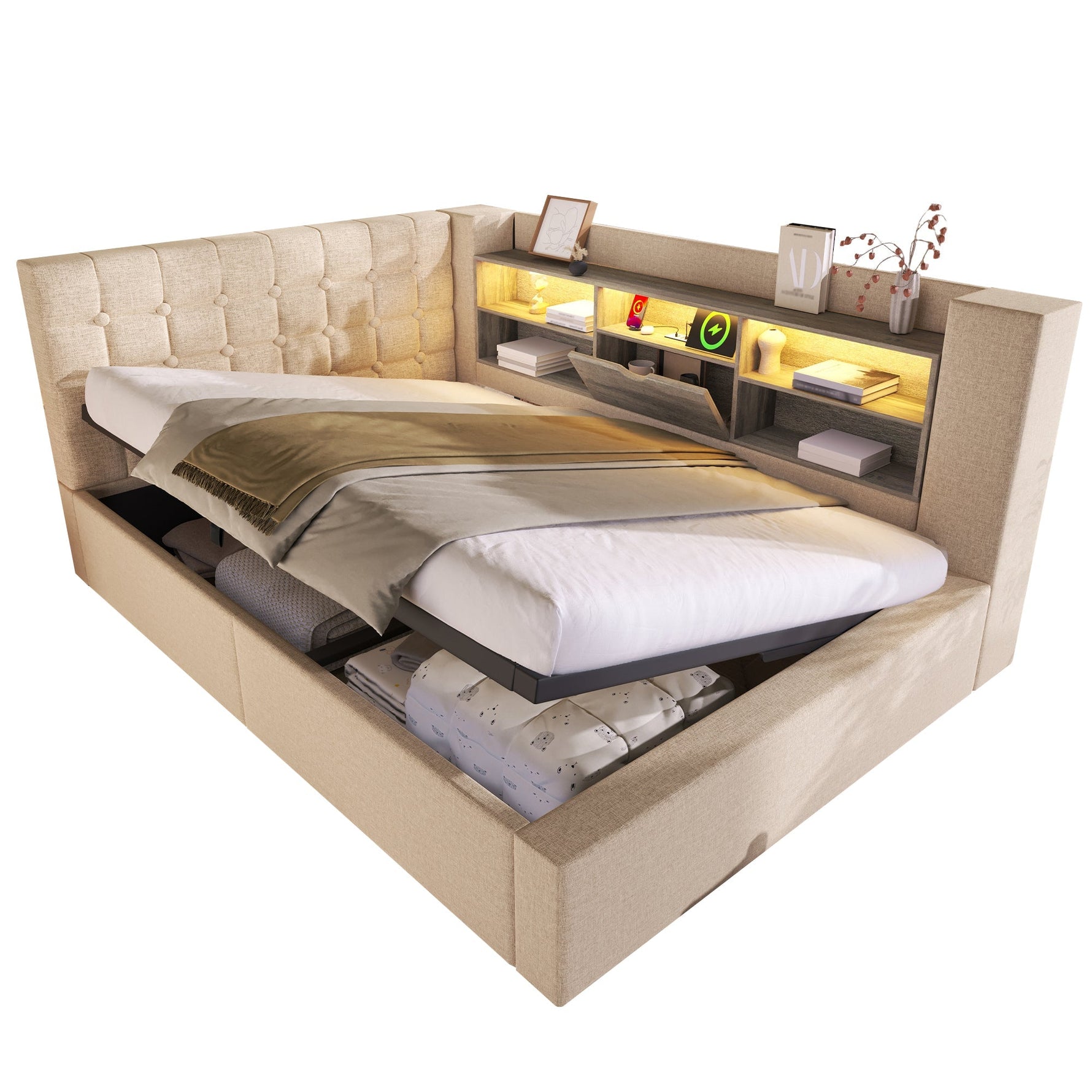 Upholstered Double Bed with LED Lighting, Hydraulic Storage and L-shaped Headboard, 140x200cm, Beige Linen