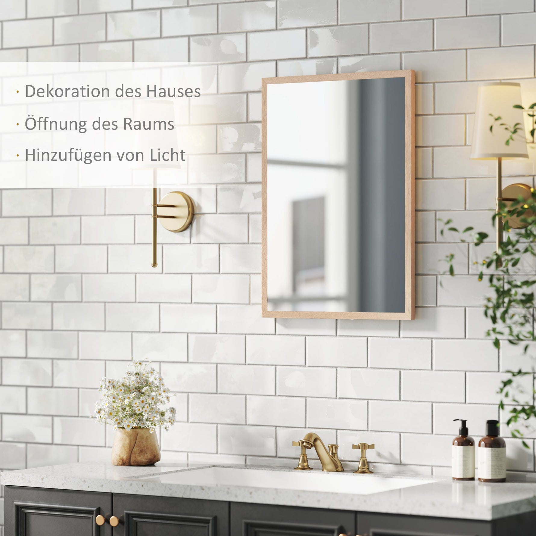 Wall Mirror, 50x70cm Decorative with 4 Hooks, Rectangular