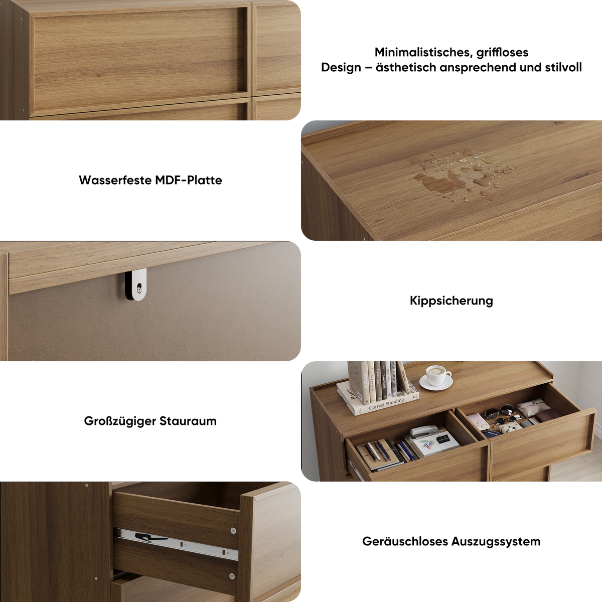 Chest of Drawers with Six Drawers and Modern Storage, 127 x 48 x 80 cm, Oak Color