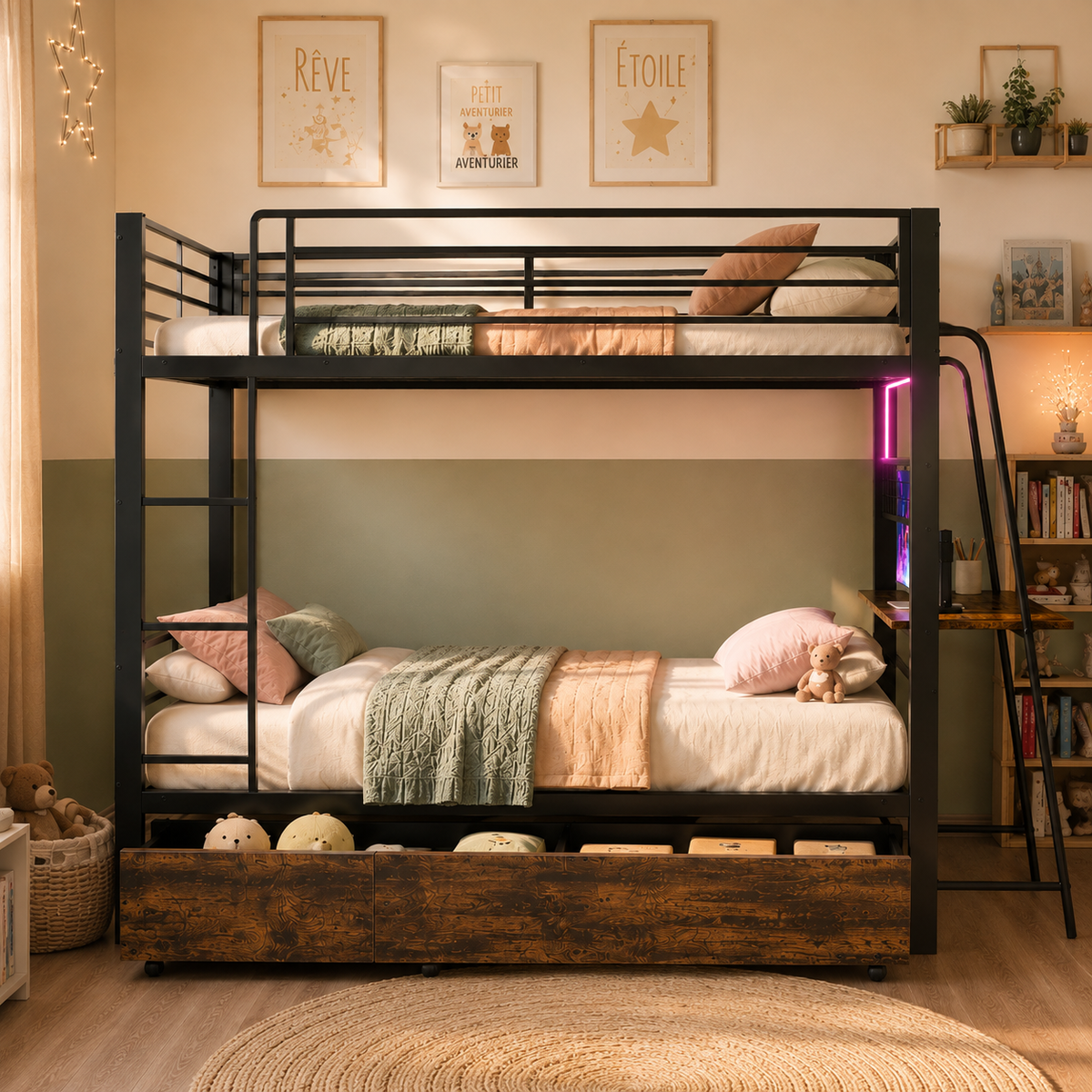Bunk Bed 90x200cm with Desk, LED & Storage Drawers, Metal