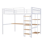 Metal Loft Bed 140*200 cm with Ladder, Table & Shelf, White