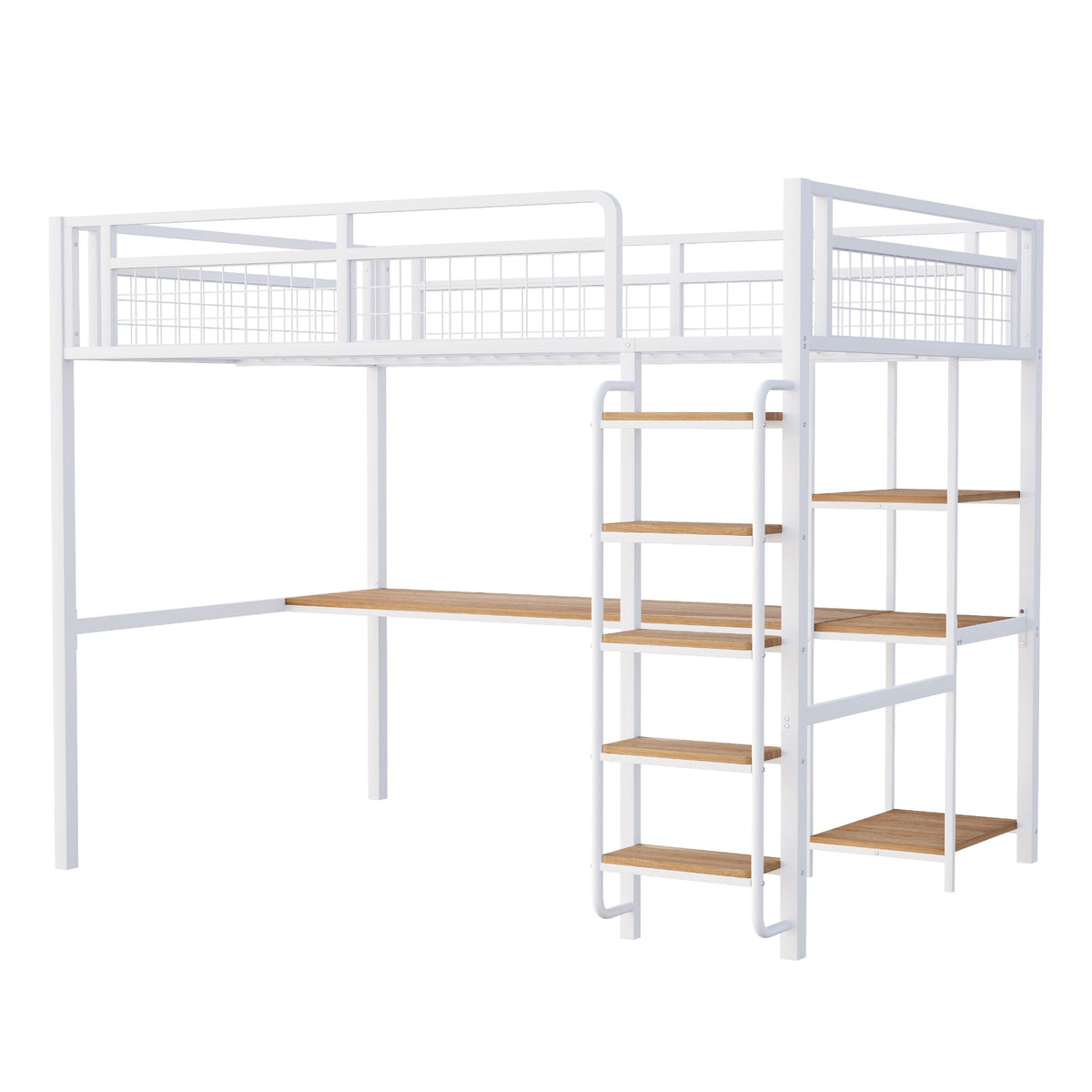 Metal Loft Bed 140*200 cm with Ladder, Table & Shelf, White