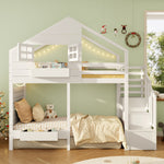 Bunk Bed with Storage Stairs and Fall Protection, 90x200cm, White Solid Wood
