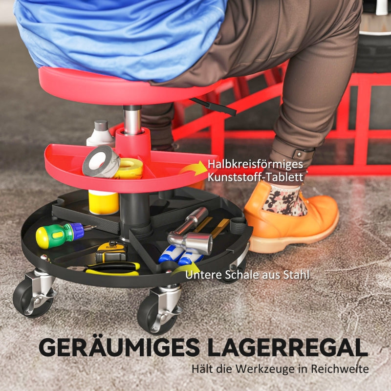 Workshop Stool with Wheels, Trays, Height Adjustable, Rolling, 135 kg, Red