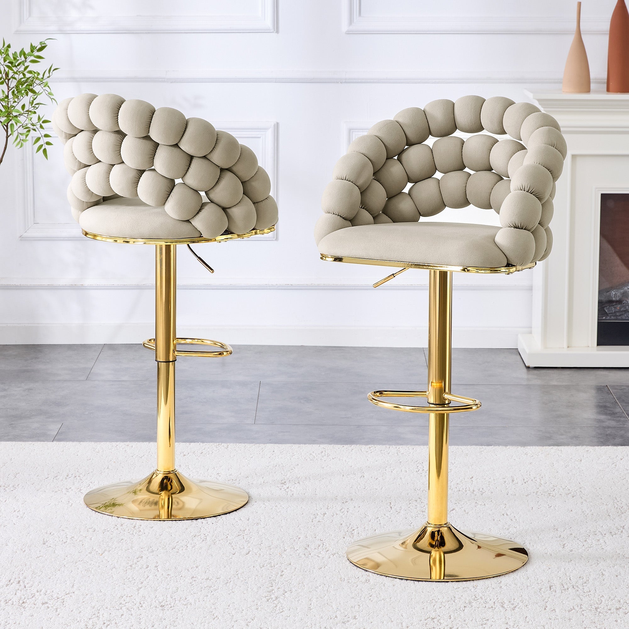 Bar Stools Set of 2 Ball Chain Backrest Adjustable Height Grey Velvet