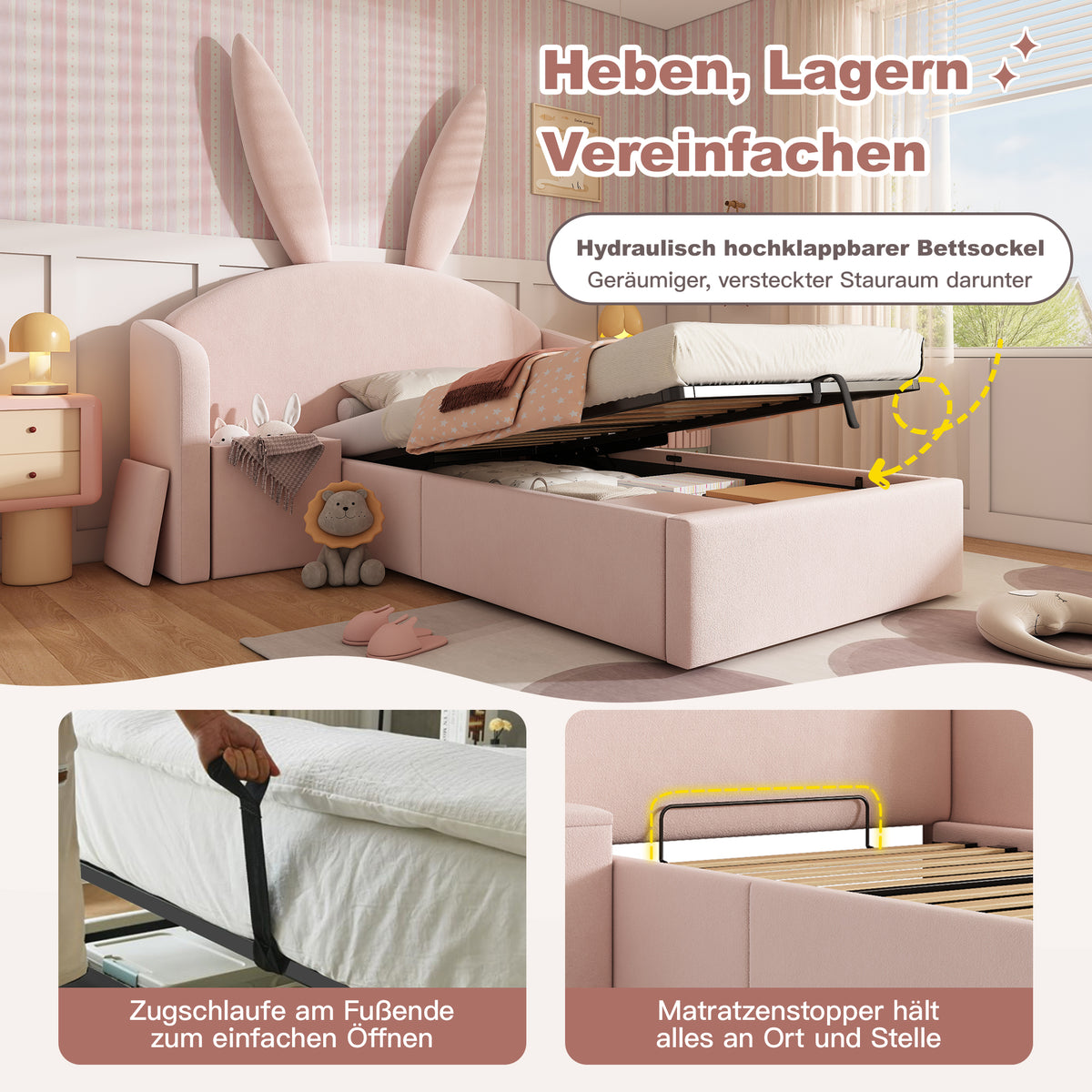 Children's Bed 90x190cm with Storage & Bedside Table, Pink Velvet