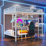 Loft Bed Desk Storage Drawers LED USB - White Iron Frame