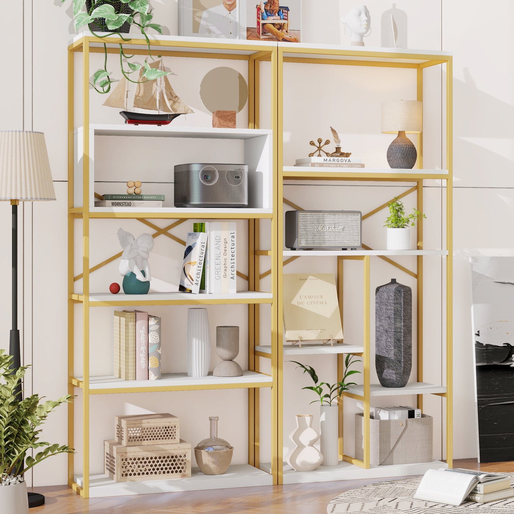 Modern Minimalist Shelf with Multi-Tier Storage and Steel Frame, Gold and White