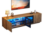 TV Cabinet 180cm for 75 Inch TV, LED Light Strip, Natural Wood & Black Glass