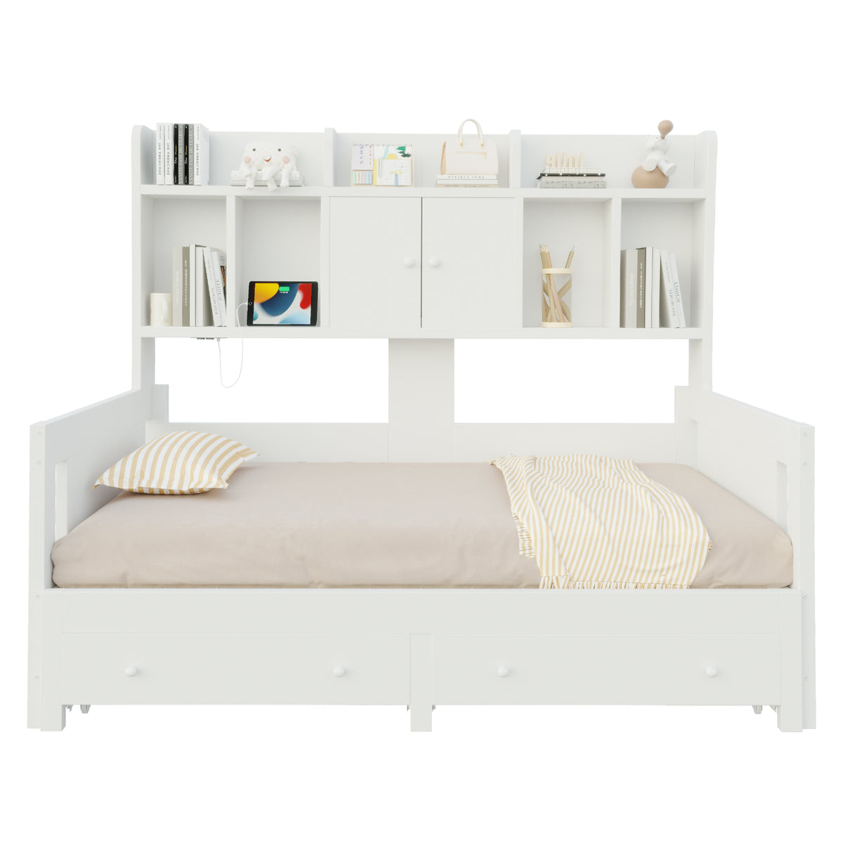 Extendable Wooden Sofa Bed with Storage Drawers & LED - White