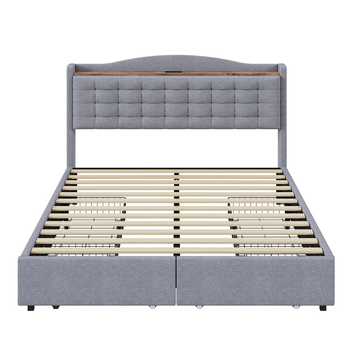 Upholstered Bed 160x200cm, USB Charging, 4-Drawer, Linen Fabric Gray