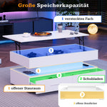 Hydraulic Height-Adjustable Coffee Table, LED Lighting, Bluetooth Control, 2 Drawers, White