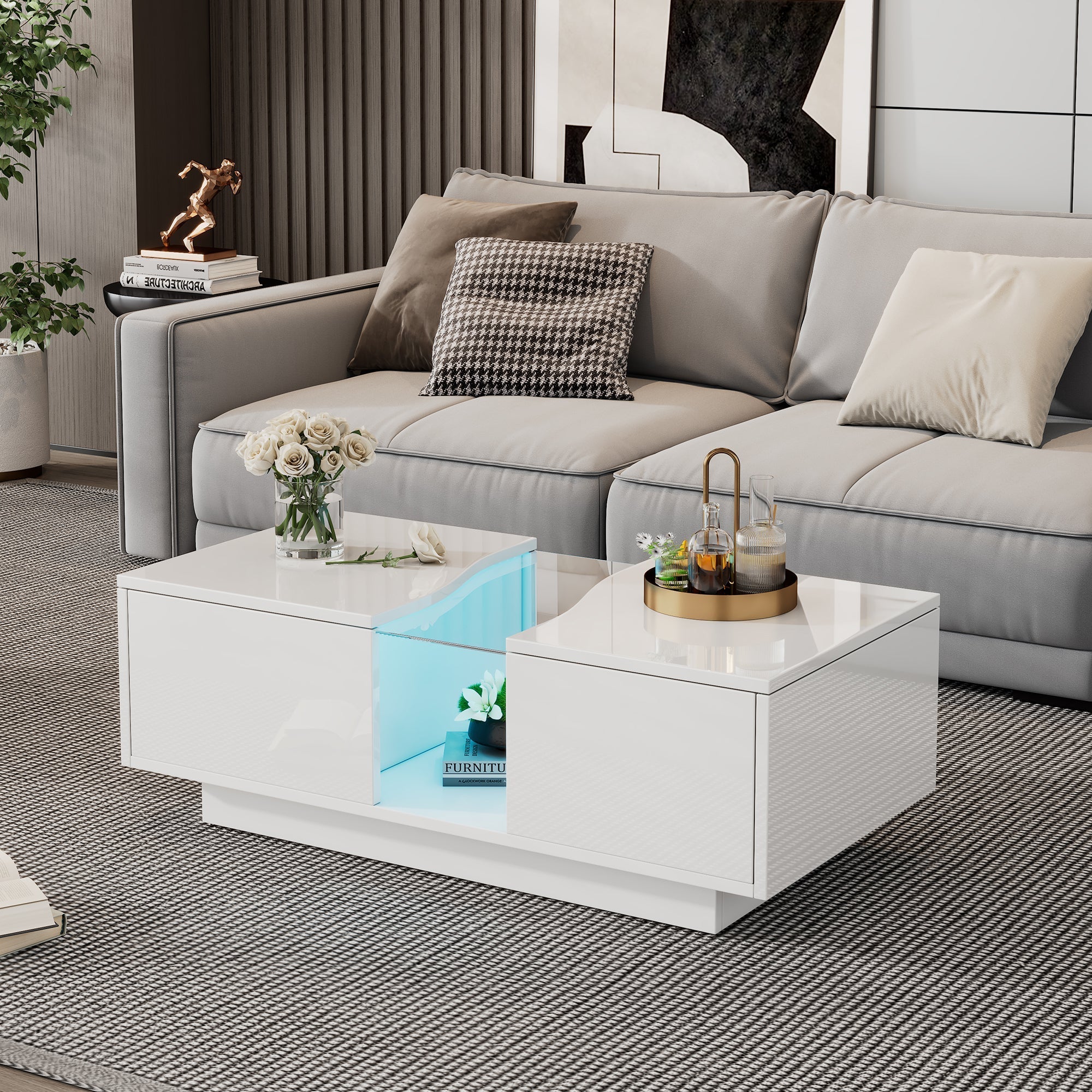 Modern LED Coffee Table, 2 Drawers 100x50x35cm, White High-Gloss MDF