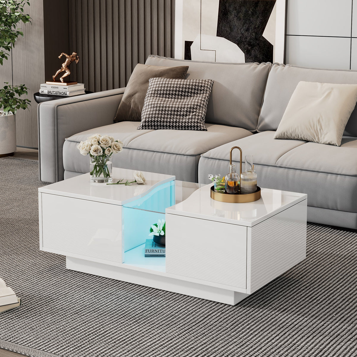 Modern LED Coffee Table, 2 Drawers 100x50x35cm, White High-Gloss MDF