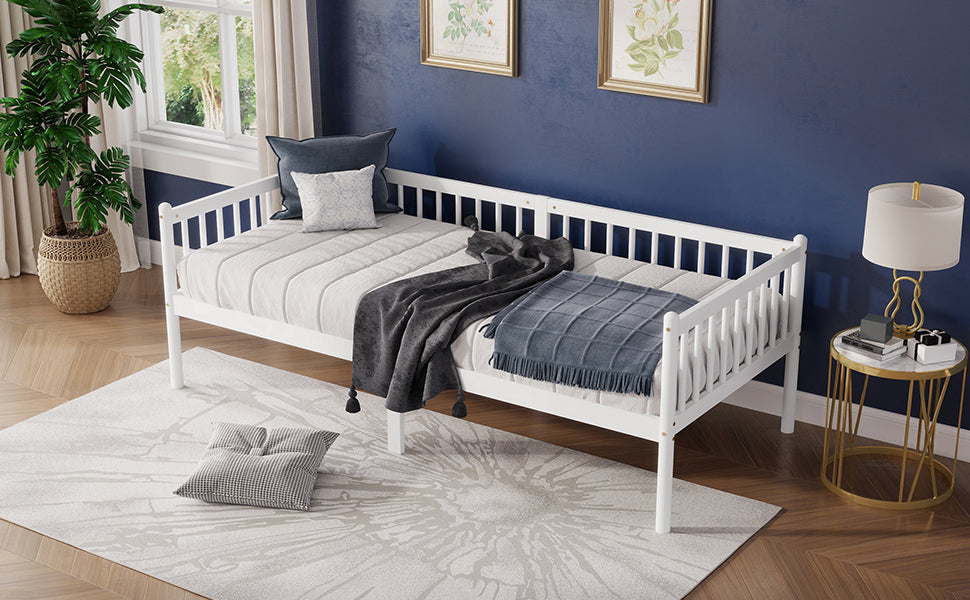 Pine Wood Daybed 90x200cm Sofa Bed with Railings & Slats, White