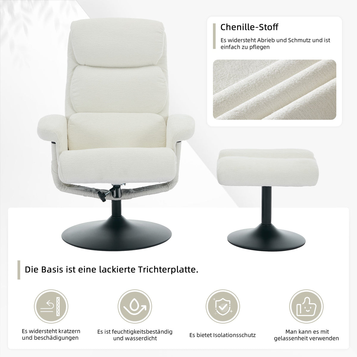 023 Recliner Chair, 5-Point Massage, Electric Heat, Footstool, 360° Swivel, Chenille Fabric White