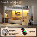 Loft Bed 90x200cm with LED & Storage Staircase - White Iron Frame