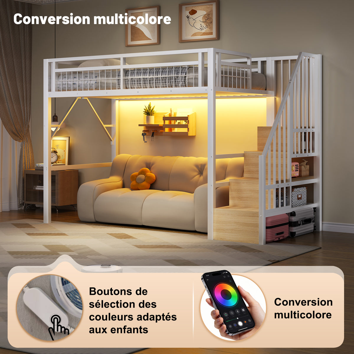 Loft Bed 90x200cm with LED & Storage Staircase - White Iron Frame