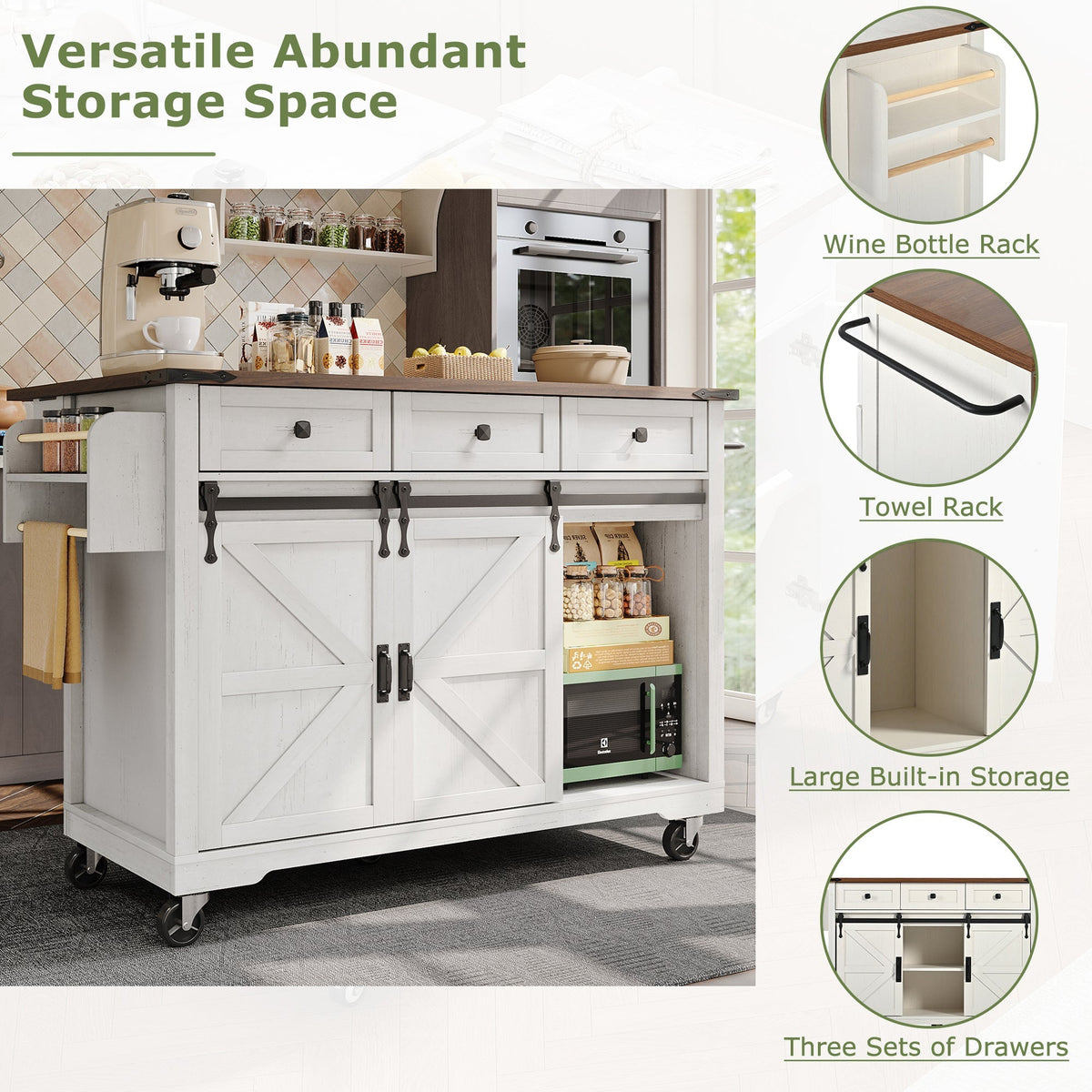 Kitchen Island Mobile Extendable Worktop 2 Sliding Doors 3 Drawers - Wood Grain