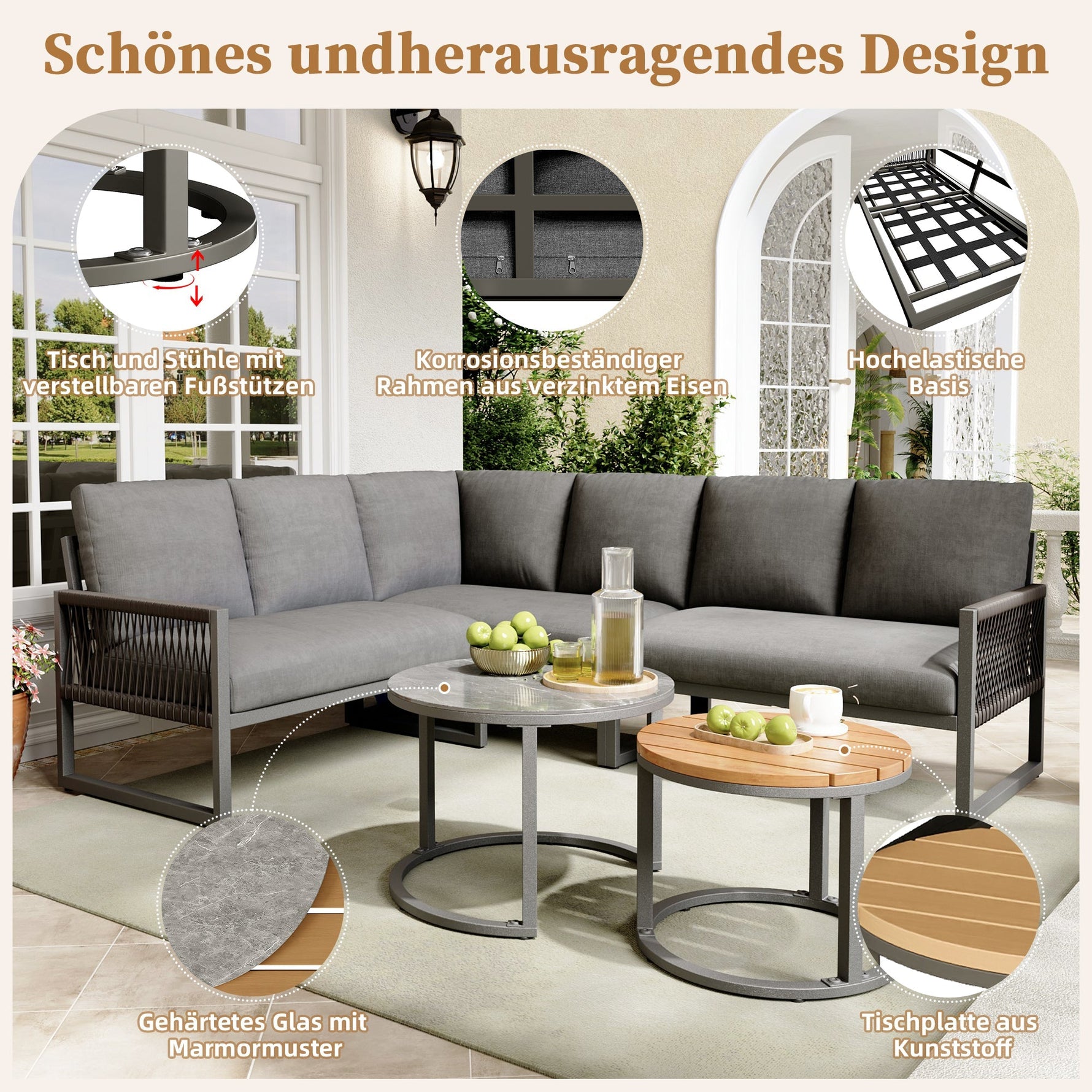 Garden Lounge Set Corner Sofa 6-7 Seater Adjustable Legs - Grey