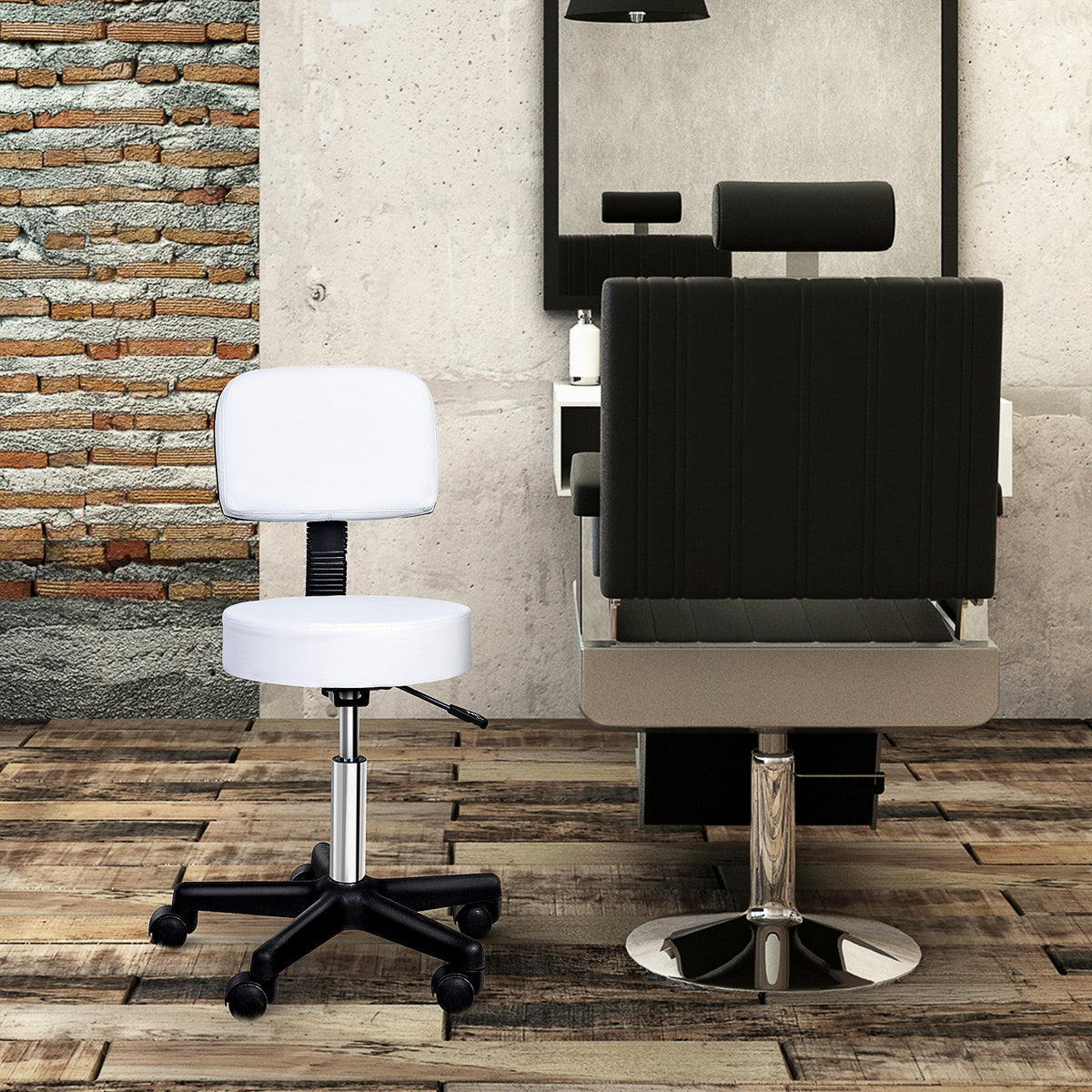 Work Stool, Rolling Swivel, Height Adjustable with Backrest, White