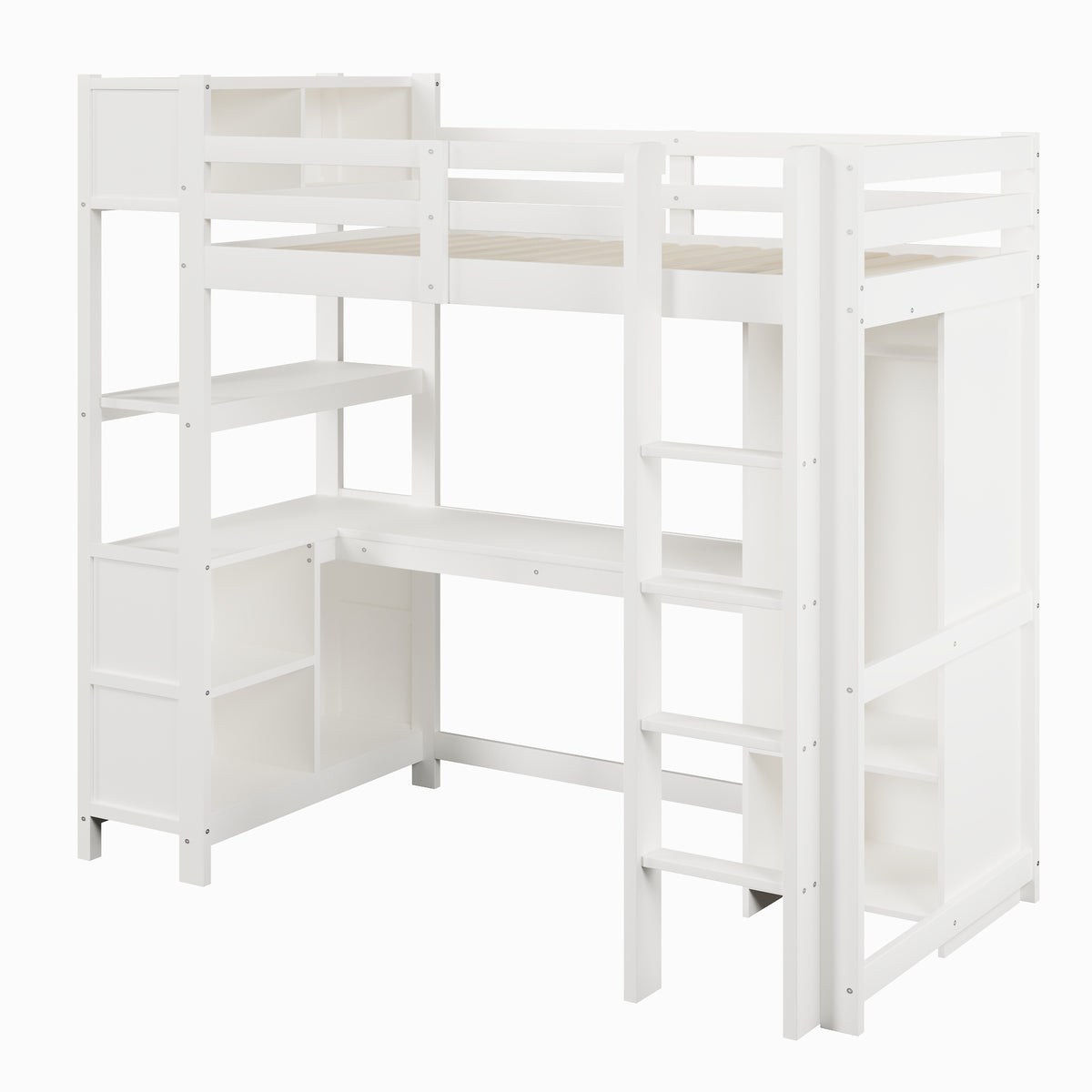 Loft Bed 90x200 cm with Desk, Wardrobe & Storage Shelves, White