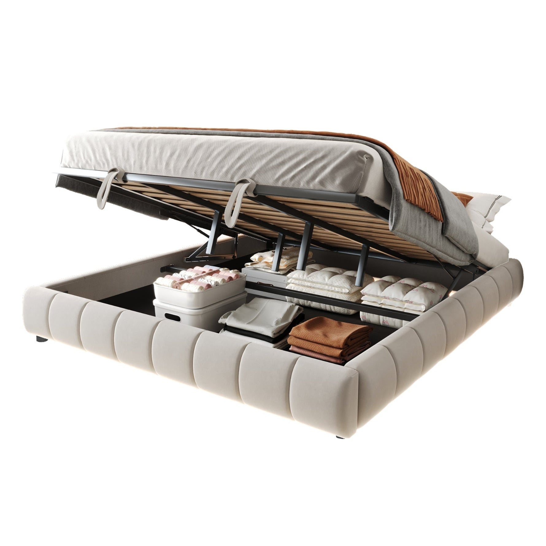 Upholstered Bed 180x200cm LED Floating Frame Storage, Beige