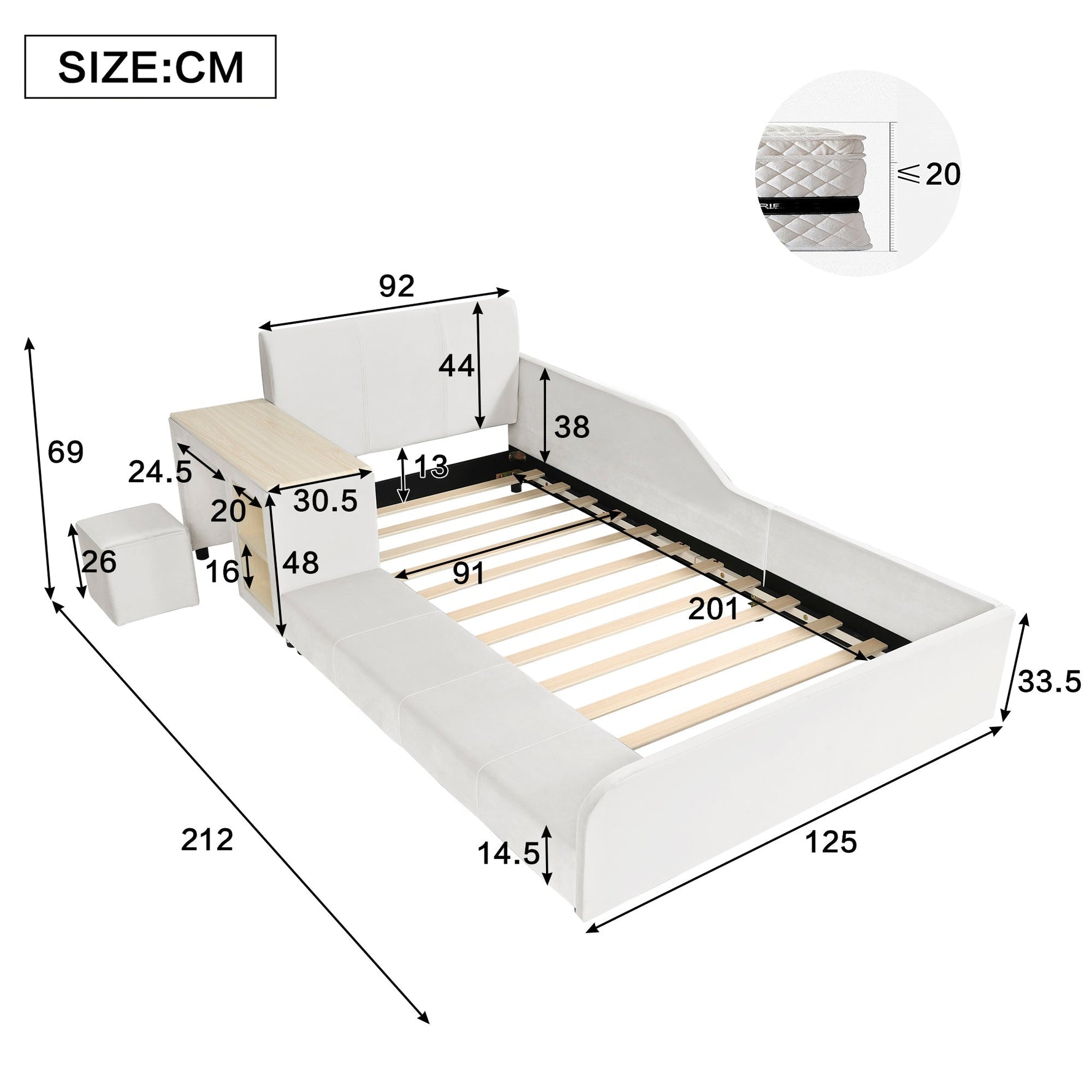 Upholstered Single Bed with Desk, Stool and Storage, 90x200cm, White Velvet