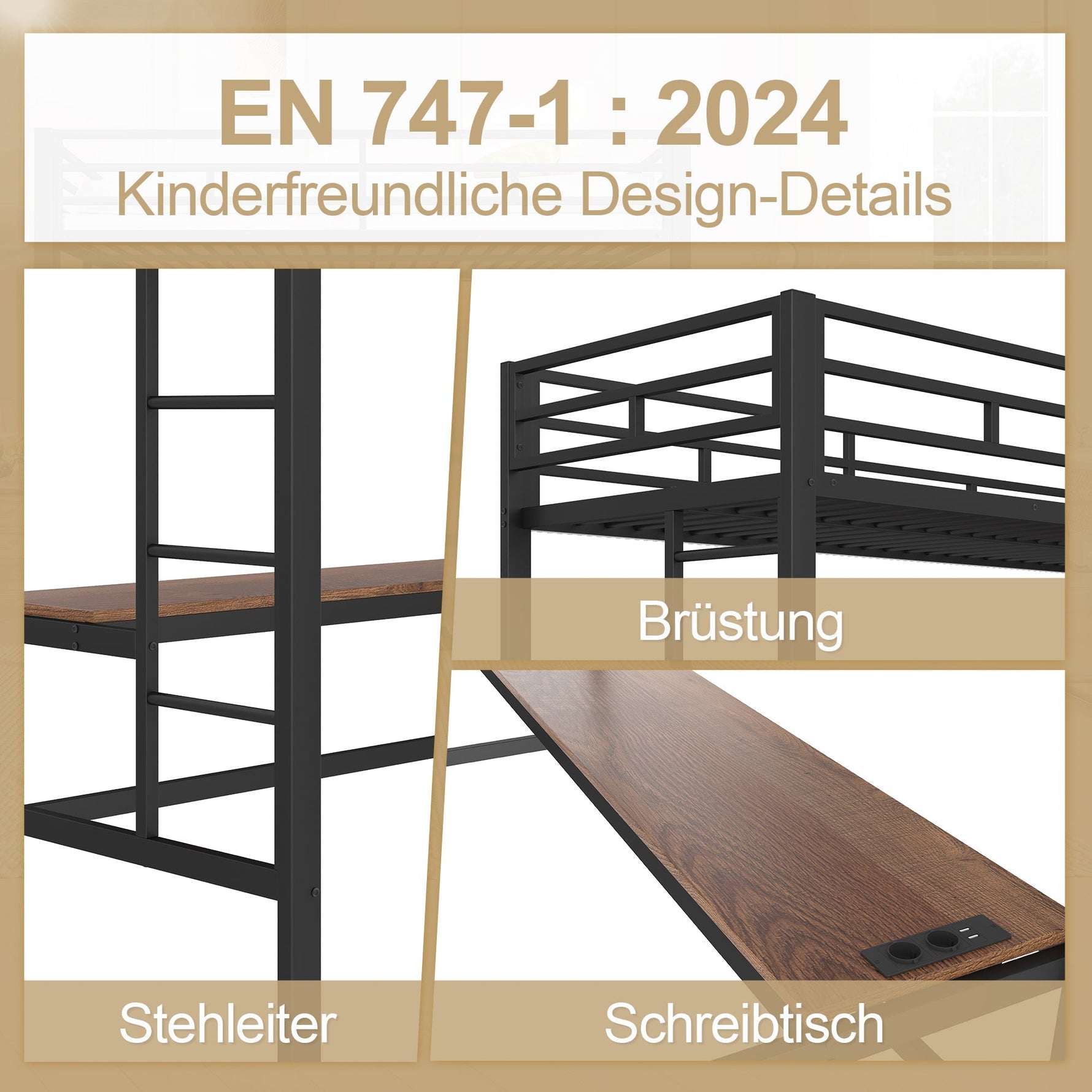 Loft Bed with Desk, USB, Power Outlets and App-Controlled LED Lights, 90x200cm, Black Metal
