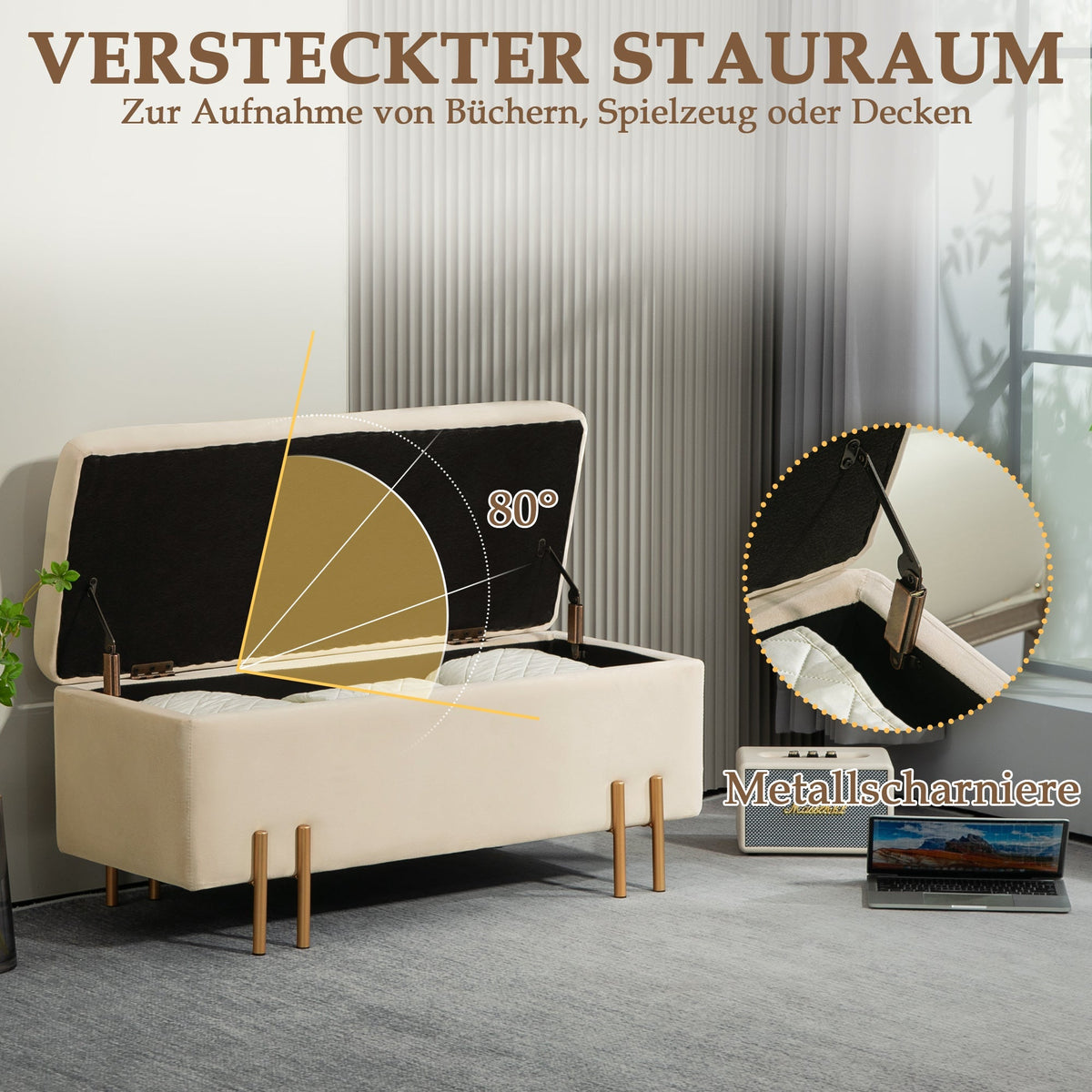 Bench with storage, upholstered velvet, wooden legs, 100 x 40 x 42 cm, beige