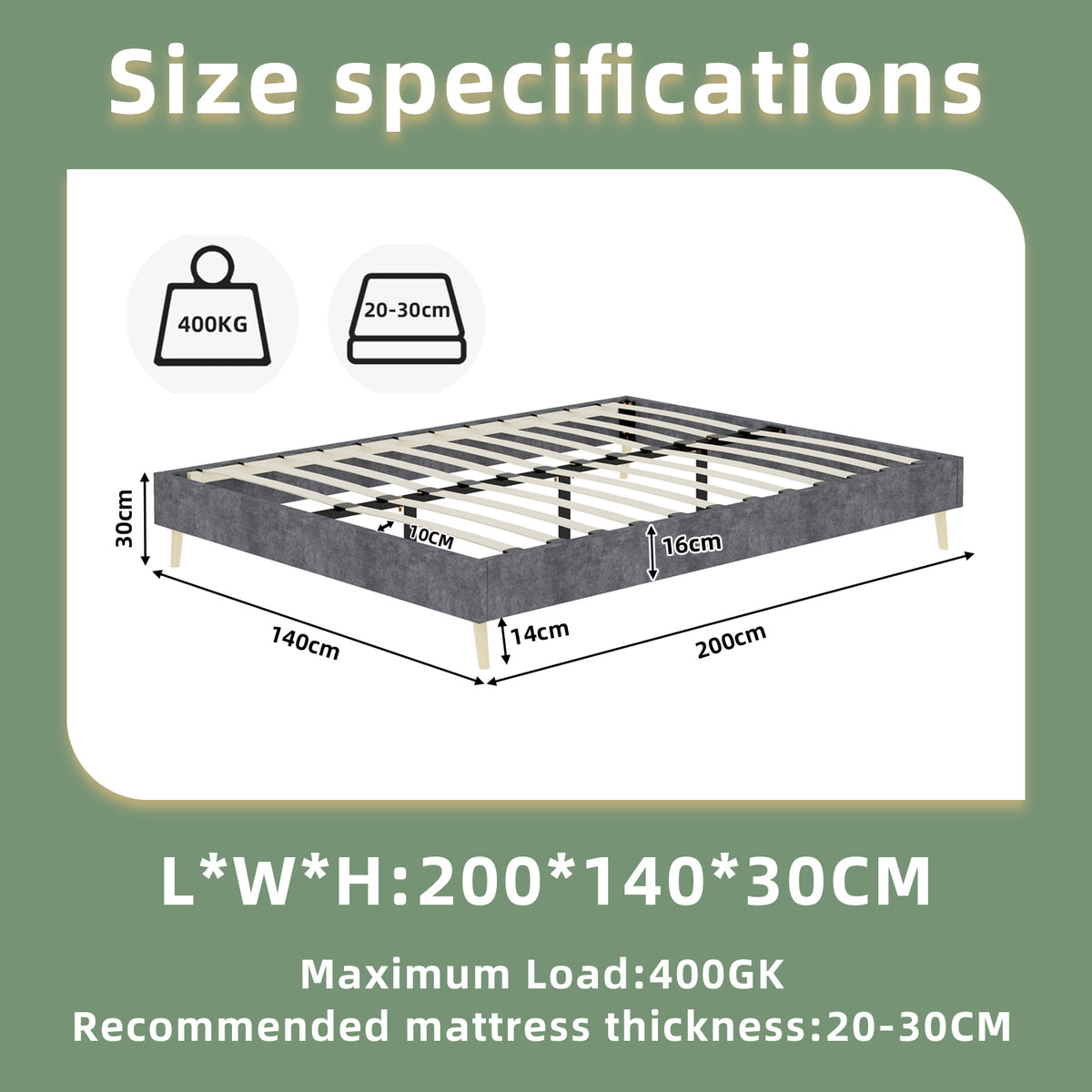 Modern Minimalist Bed Frame, 140x200cm with Mattress, Gray Velvet