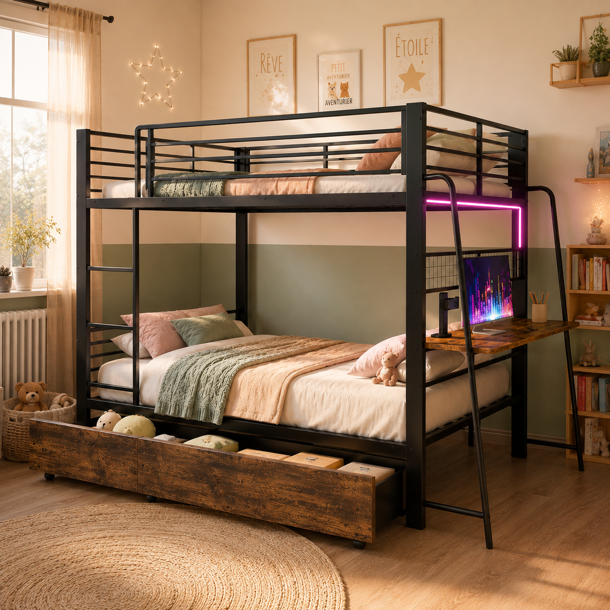 Bunk Bed 90x200cm with Desk, LED & Storage Drawers, Metal