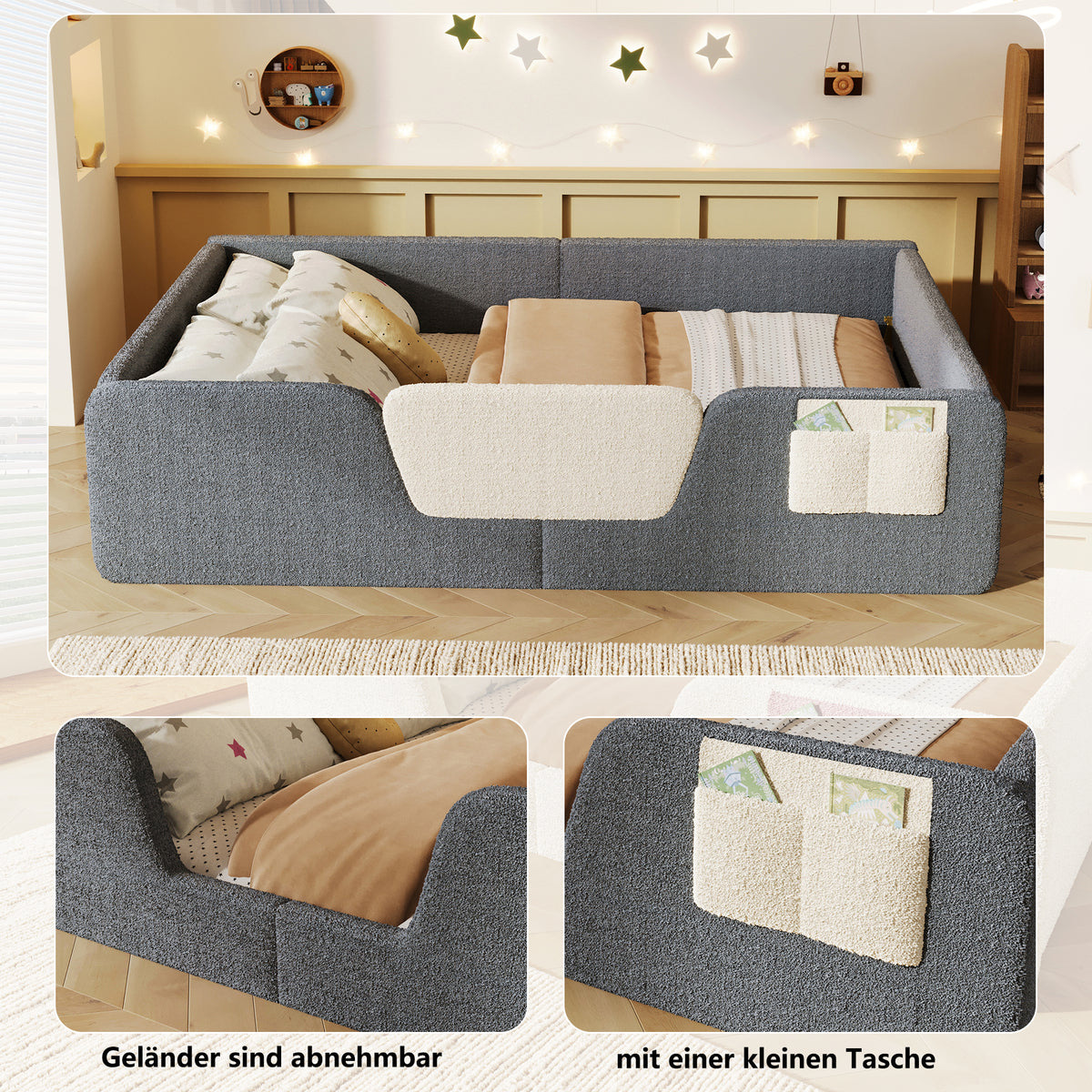 Upholstered Bed 140x190cm with Safety Rails, Grey Velvet