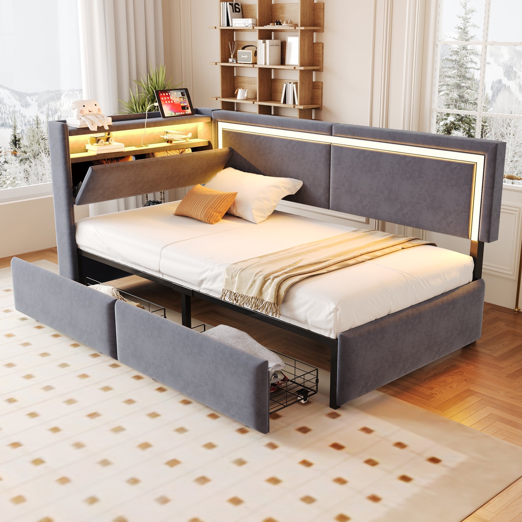 Upholstered Sofa Bed 90x200cm with LED & USB Headboard Storage Drawer Dark Grey Velvet