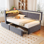 Upholstered Sofa Bed 90x200cm with LED & USB Headboard Storage Drawer Dark Grey Velvet