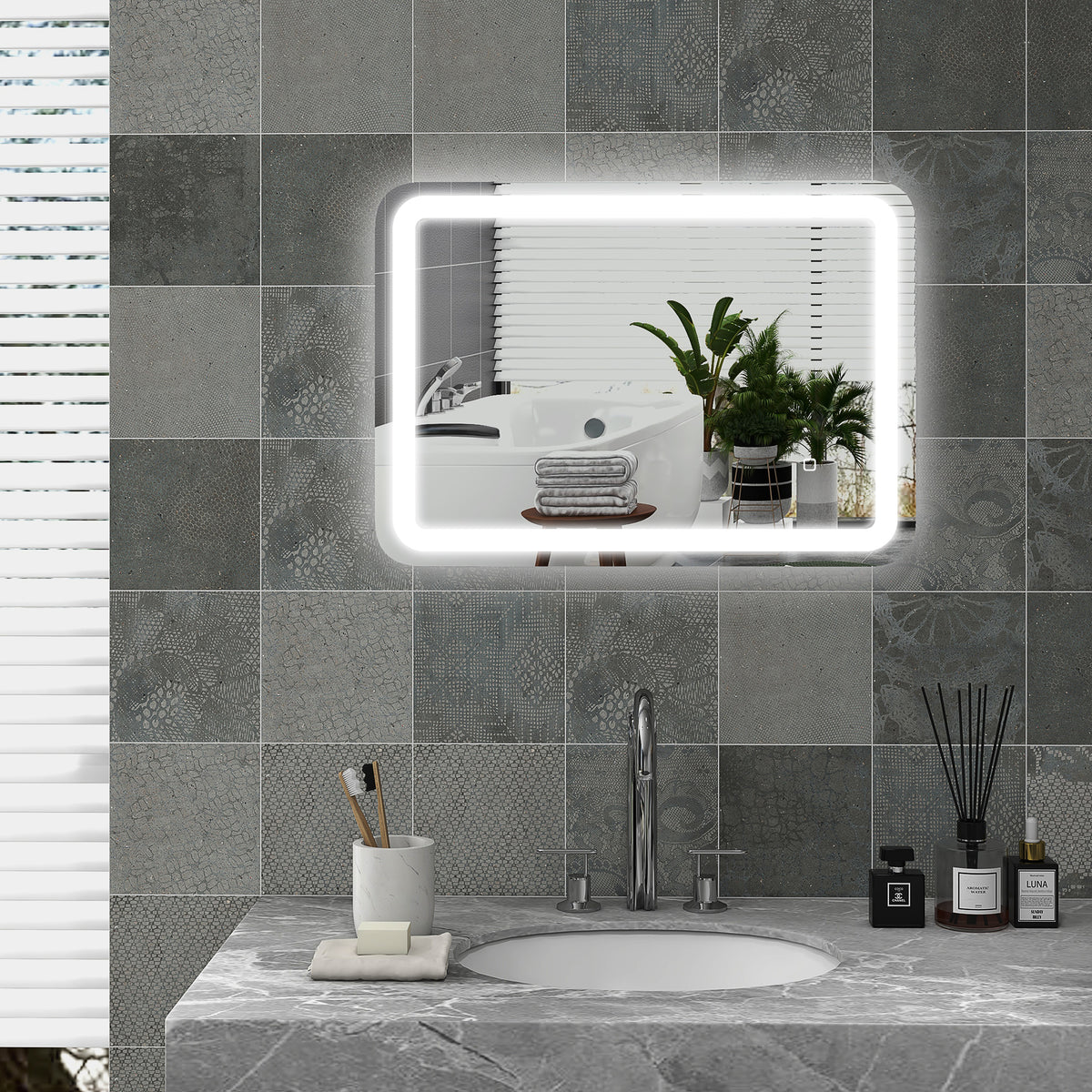 LED Bathroom Mirror 50x70cm, 3 Light Colors, Anti-Fog, Silver Glass